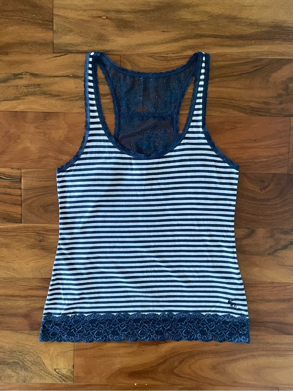 Abercrombie & Fitch Navy and White Striped Lace Trimmed Tank Top